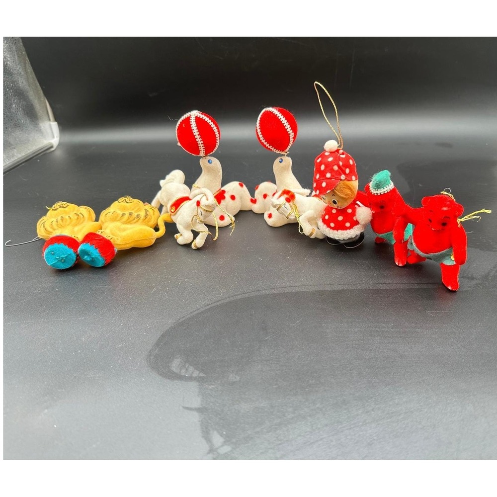 Set of 9 Vintage Flocked Christmas Ornaments Circus Animals Rare Ringmaster‎ MCM